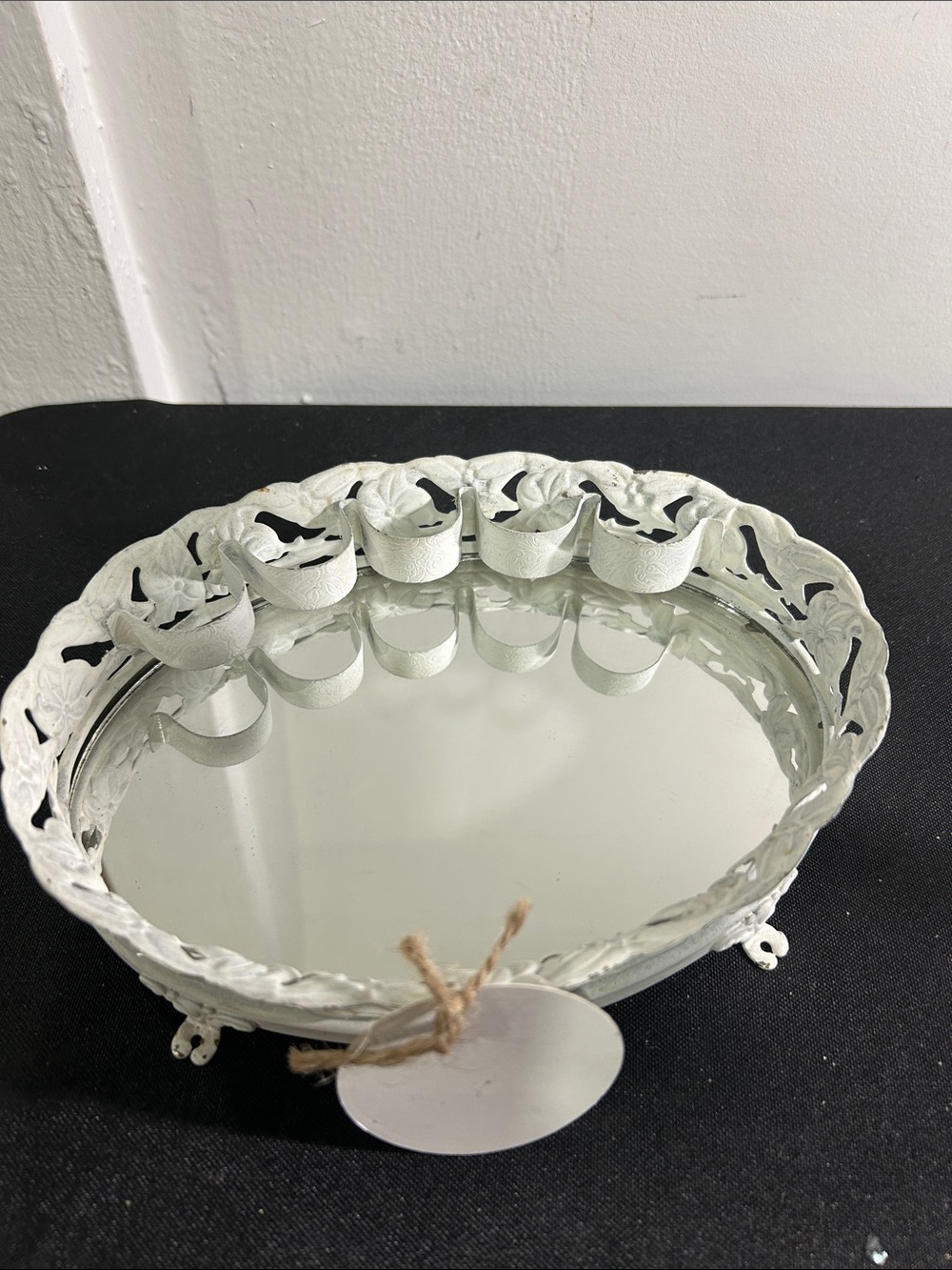 Ornate Round Mirrored Vanity Tray in Distressed White with lipstick holder